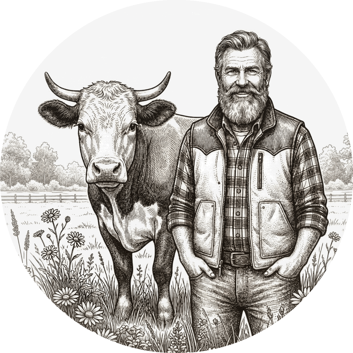 Bill, fondateur de Tri-City, avec une vache nourrie à l'herbe